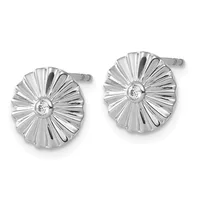 Pair of silver stud earrings with fan-shaped designs featuring radiating ridges and round diamond centers, shown from the front.