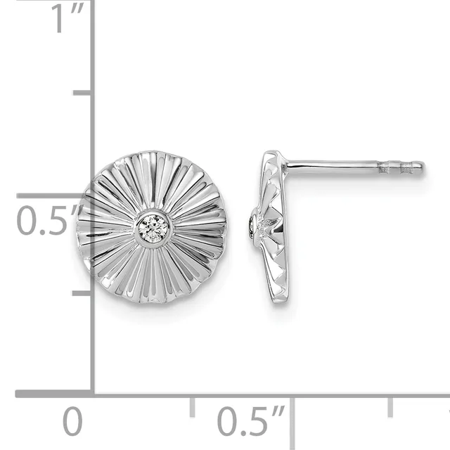 Silver stud earrings with radiating fluted disc design and center diamond, shown front and side view with measurement scale indicating approximately 0.5 inch diameter.