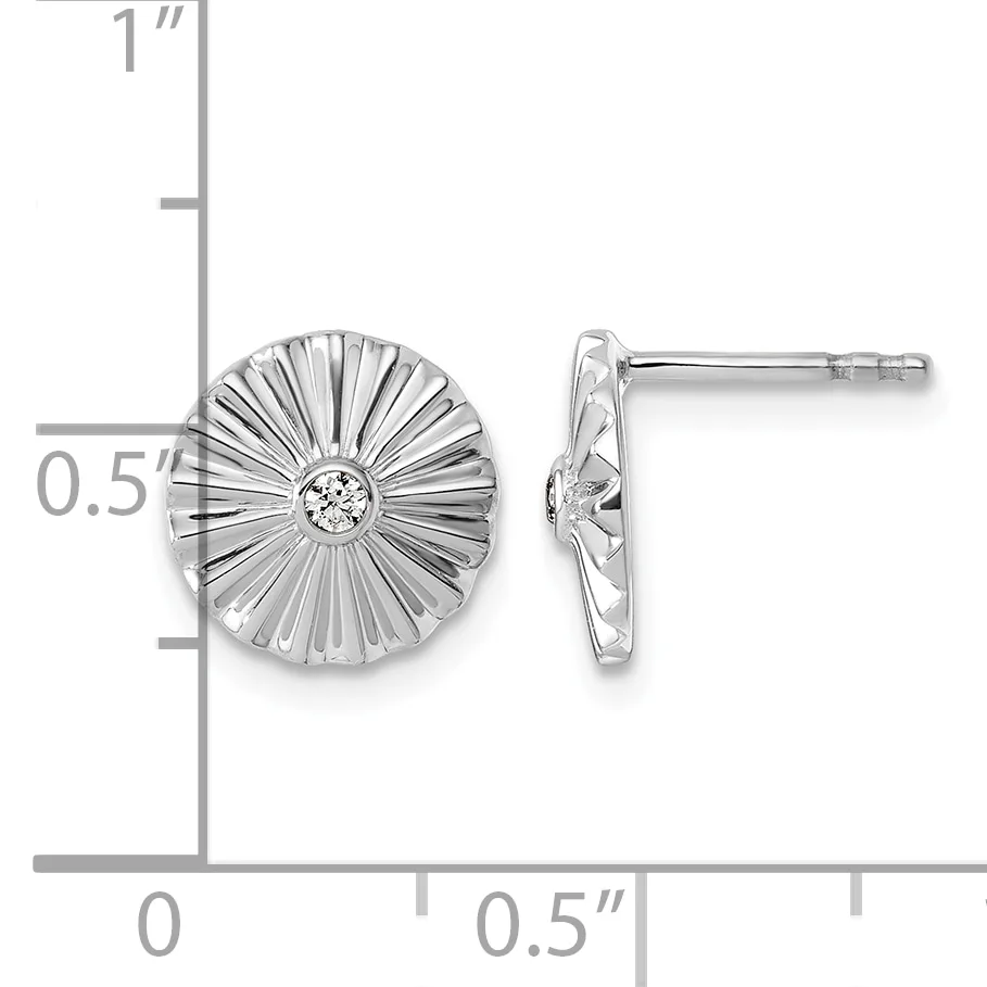 Silver stud earrings with radiating fluted disc design and center diamond, shown front and side view with measurement scale indicating approximately 0.5 inch diameter.