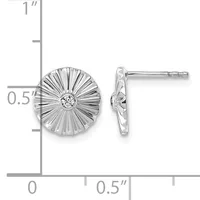 Silver stud earrings with radiating fluted disc design and center diamond, shown front and side view with measurement scale indicating approximately 0.5 inch diameter.