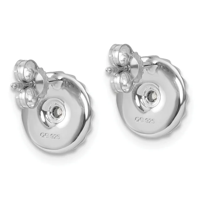 A pair of polished silver teardrop-shaped earrings with small gemstone studs at the top, shown from the front against a white background.