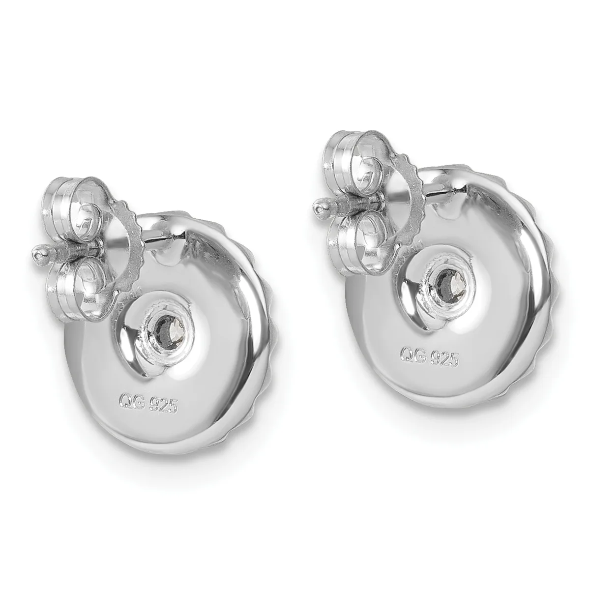 A pair of polished silver teardrop-shaped earrings with small gemstone studs at the top, shown from the front against a white background.