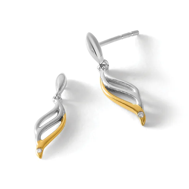 A pair of two-tone silver and gold drop earrings with twisted curved designs and small diamond accents, shown on white background with shadows.