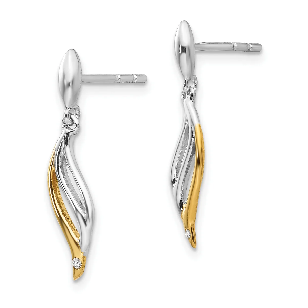 A pair of silver and gold two-tone drop earrings with twisted leaf-shaped pendants accented with small diamonds, shown from front and back views.