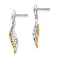 A pair of silver and gold two-tone drop earrings with twisted leaf-shaped pendants accented with small diamonds, shown from front and back views.