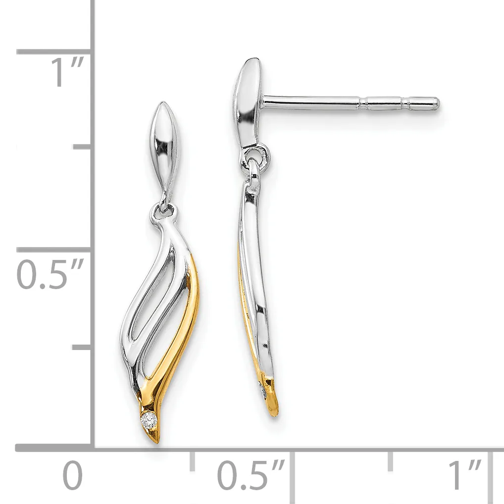 A pair of two-tone silver and gold drop earrings with elongated leaf-shaped designs and small diamonds at the tips, shown next to a measurement ruler.
