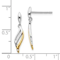 A pair of two-tone silver and gold drop earrings with elongated leaf-shaped designs and small diamonds at the tips, shown next to a measurement ruler.
