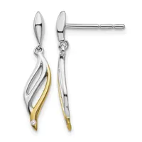 Pair of two-tone silver and gold drop earrings with curved leaf-shaped pendants and small diamond accents, shown from front and back views on posts.