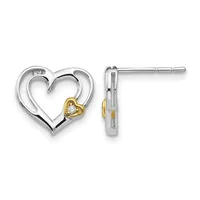 Pair of two-tone heart stud earrings with silver outer hearts, small gold inner hearts set with diamonds, shown from front and side views.