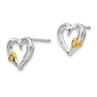 Pair of silver heart-shaped stud earrings with gold-tone small heart accents, displayed against a white background.