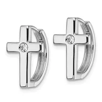 Pair of silver cross-shaped hinge earrings with round white diamonds at the center, shown from front and back views.