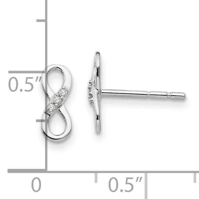Silver infinity stud earrings with diamond accents, shown front and side view with measurement scale indicating approximately 0.5 inches in length.