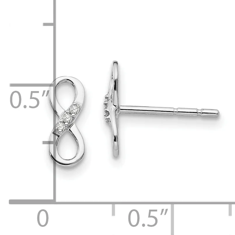 Silver infinity stud earrings with diamond accents, shown front and side view with measurement scale indicating approximately 0.5 inches in length.