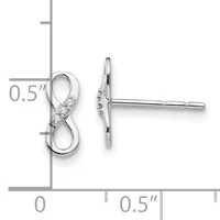 Silver infinity stud earrings with diamond accents, shown front and side view with measurement scale indicating approximately 0.5 inches in length.