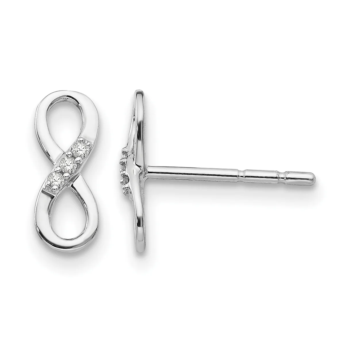 A pair of silver infinity symbol stud earrings with cubic zirconia stones set along one loop, shown from front and side views.