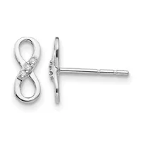 A pair of silver infinity symbol stud earrings with cubic zirconia stones set along one loop, shown from front and side views.