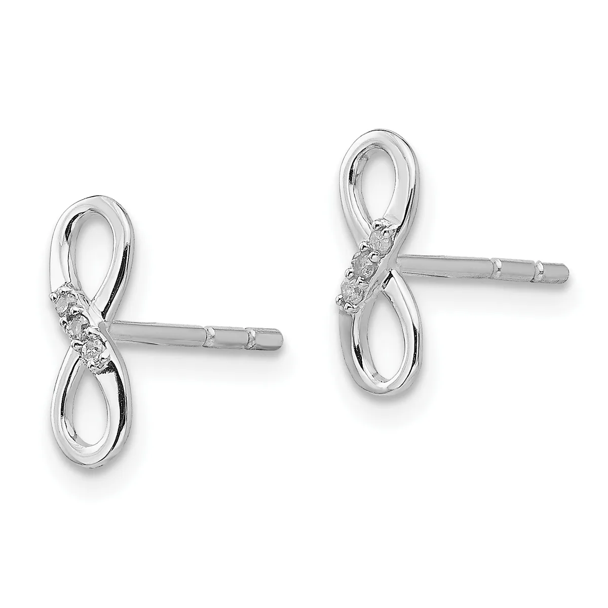 A pair of silver infinity symbol stud earrings with small diamond accents at the center, shown from the front and back views.