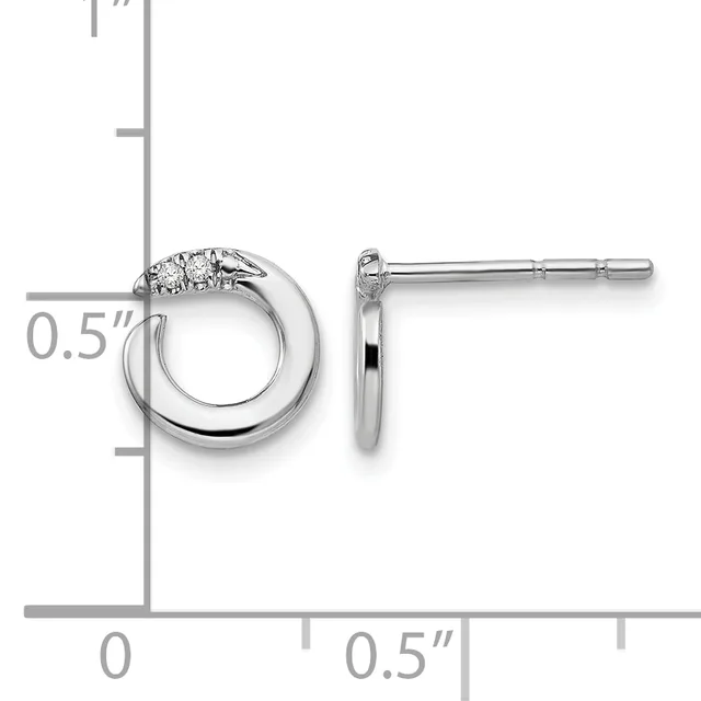 A pair of polished silver hoop earrings with textured diamond-set tops, shown front and side view with measurement scale indicating approximately 0.5 inches in diameter.