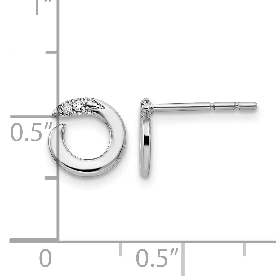A pair of polished silver hoop earrings with textured diamond-set tops, shown front and side view with measurement scale indicating approximately 0.5 inches in diameter.