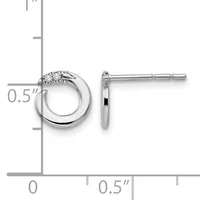 A pair of polished silver hoop earrings with textured diamond-set tops, shown front and side view with measurement scale indicating approximately 0.5 inches in diameter.