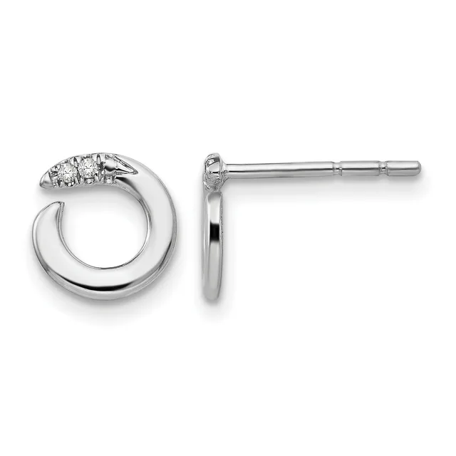 Pair of silver hoop earrings with diamond accents on the curved top, shown from front and side views.
