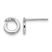 Pair of silver hoop earrings with diamond accents on the curved top, shown from front and side views.