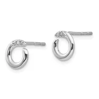 A pair of silver hoop earrings with textured tops and polished oval loops, displayed against a white background.