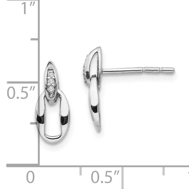 A pair of polished silver stud earrings with curved teardrop shapes and diamond accents, shown from front and side views with a measurement scale indicating approximately 0.5 inches in height.