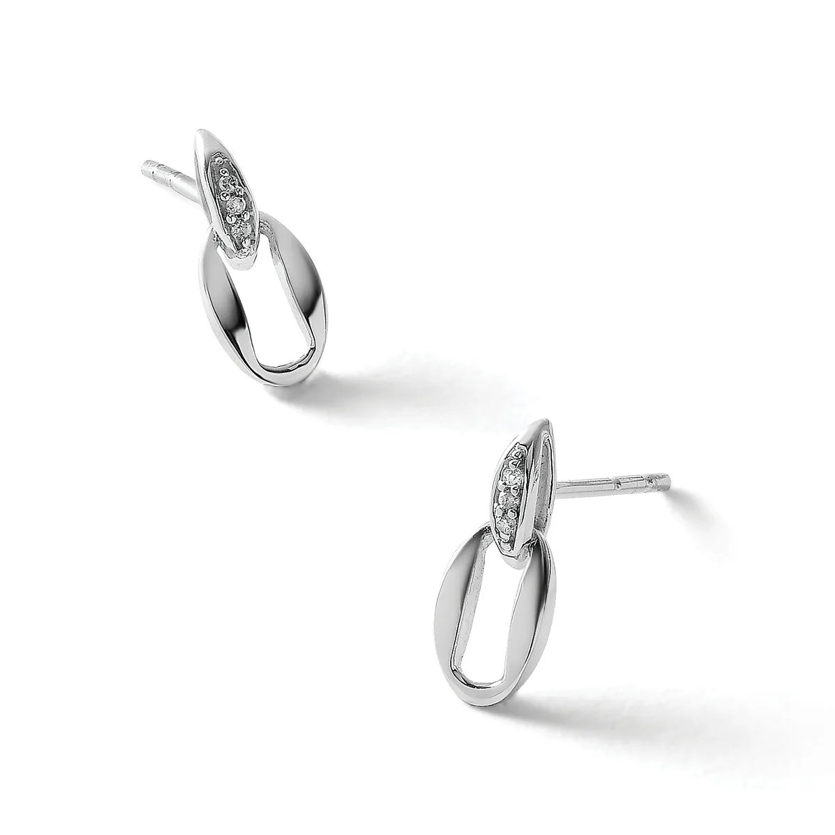 A pair of silver drop earrings with polished oval loops and diamond-set oval tops, shown from two angles on a white background.