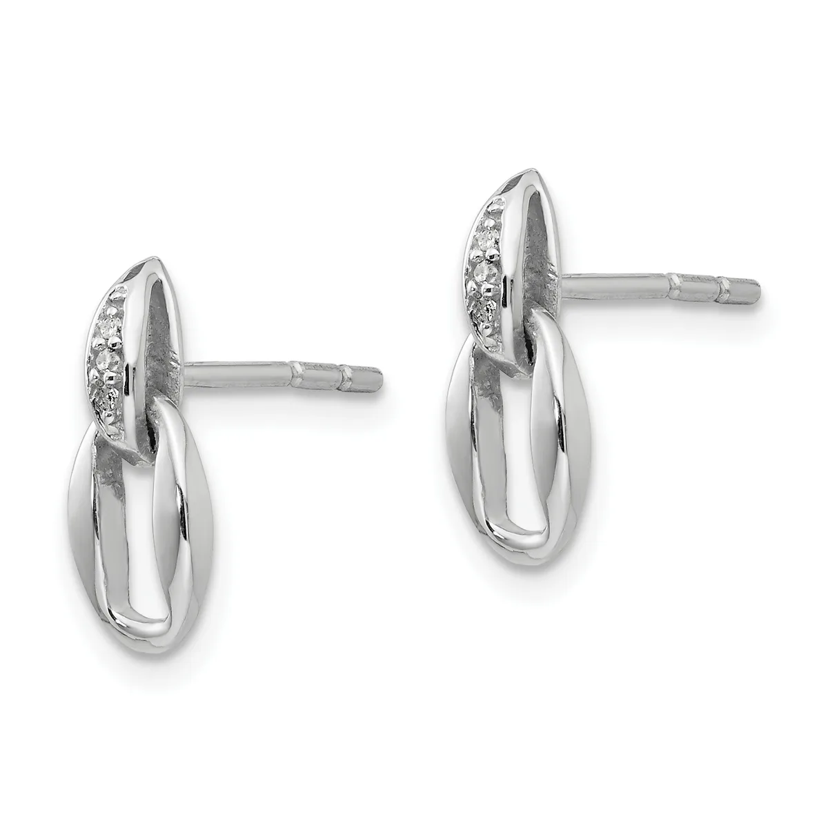 A pair of silver stud earrings with polished oval drops featuring diamond accents on the upper portion, displayed against a white background.