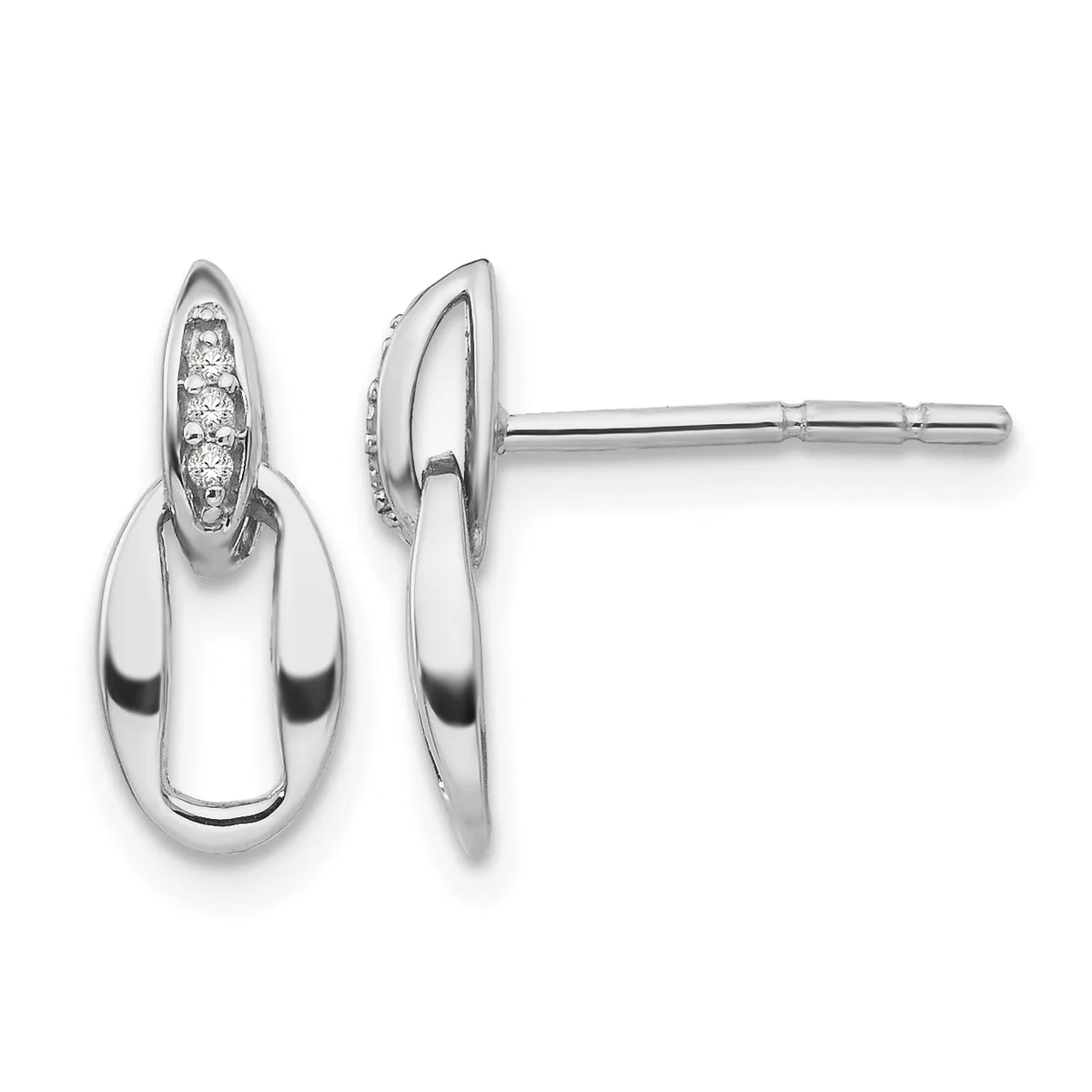 Pair of silver stud earrings with elongated oval tops featuring diamonds, shown from front and side views with posts and backs.