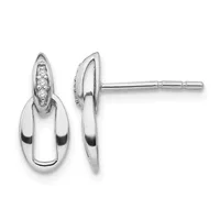 Pair of silver stud earrings with elongated oval tops featuring diamonds, shown from front and side views with posts and backs.