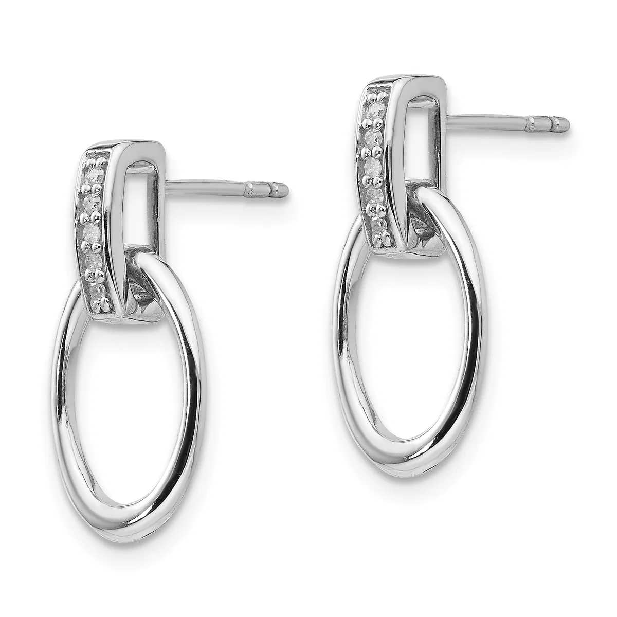 Pair of silver dangle earrings with diamond-set rectangular studs connected to polished oval loops, shown from the front.