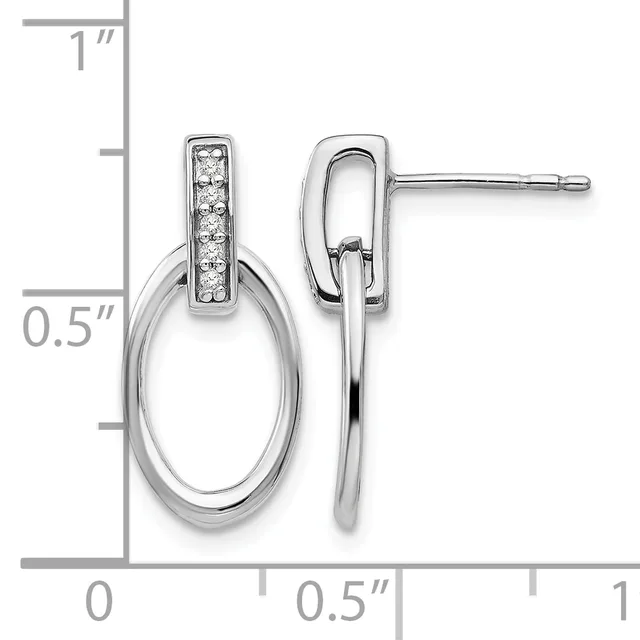 Silver drop earrings with diamond-set rectangular tops and polished oval loops, shown with a ruler indicating approximately one inch in length.