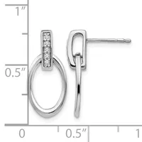 Silver drop earrings with diamond-set rectangular tops and polished oval loops, shown with a ruler indicating approximately one inch in length.