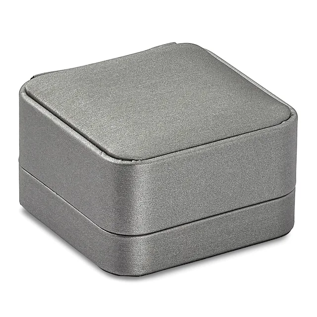 A gray metallic square box with rounded corners and a hinged lid, shown closed against a white background.