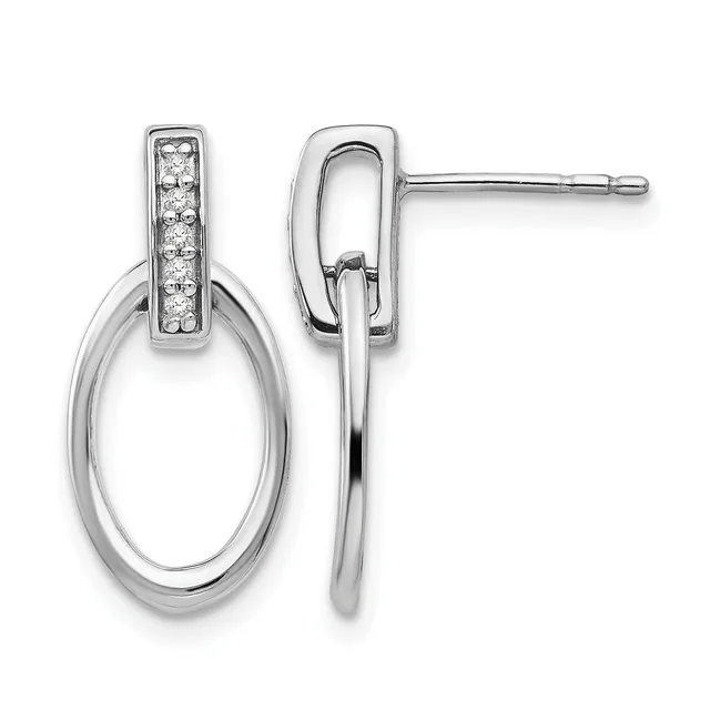 Pair of silver drop earrings with rectangular tops set with small round diamonds and oval loop bottoms, shown from front and side views.