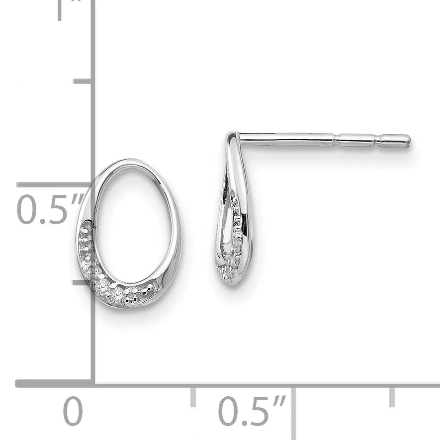 Silver oval hoop earrings with cubic zirconia accents on half of each hoop, shown next to a ruler indicating approximately 0.5 inches in height.