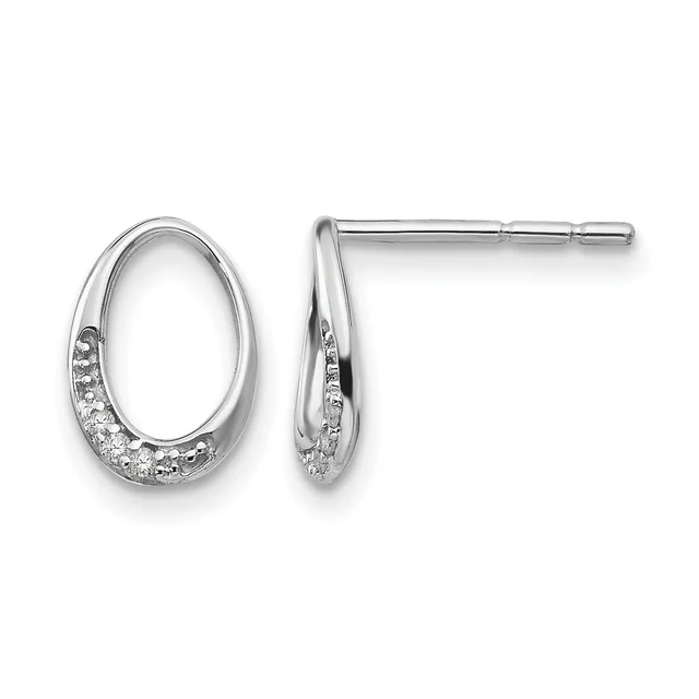 Pair of silver oval stud earrings with diamond accents along the bottom half, shown from front and side angles.