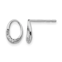 Pair of silver oval stud earrings with diamond accents along the bottom half, shown from front and side angles.