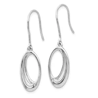 A pair of silver oval drop earrings with concentric nested rings and long curved ear wires, shown against a white background.