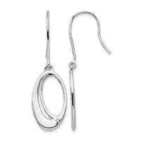 A pair of silver dangle earrings with oval-shaped pendants hanging from curved ear wires.