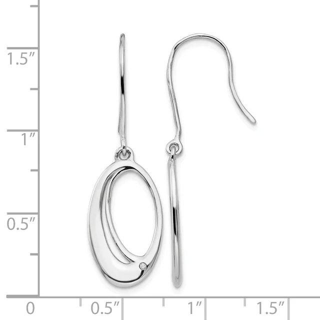 A pair of silver oval drop earrings with hook closures, displayed next to a measurement scale showing them to be approximately one inch long.