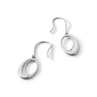 A pair of polished silver oval drop earrings with curved wire hooks, displayed against a white background.