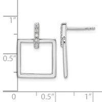 Silver square hoop earrings with diamond-accented bar tops, shown from front and side views with a measurement scale.
