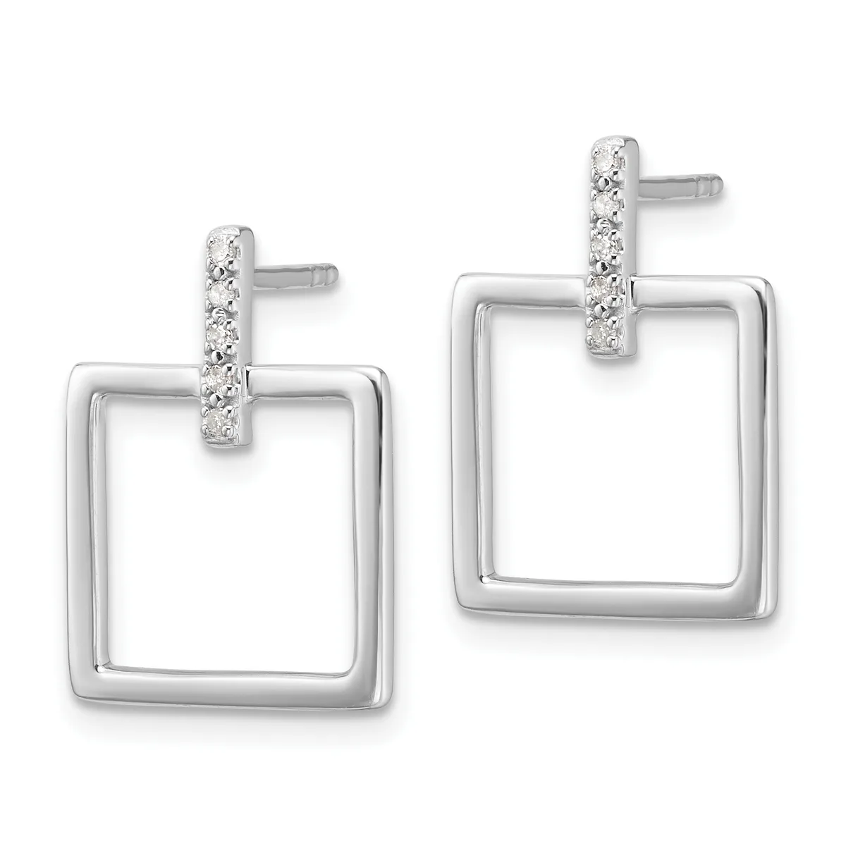 A pair of silver square drop earrings with diamond-studded vertical bars at the top and post backs, shown from the front.