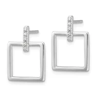 A pair of silver square drop earrings with diamond-studded vertical bars at the top and post backs, shown from the front.