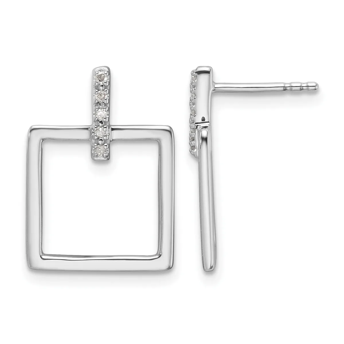 A pair of silver square drop earrings with diamond-set bars at the top, shown from front and side views.