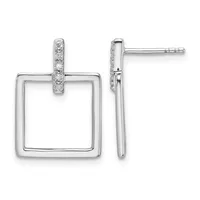 A pair of silver square drop earrings with diamond-set bars at the top, shown from front and side views.