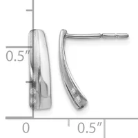 Pair of silver curved stud earrings with textured finish, shown against a measurement scale indicating approximately 0.5 inches in length.